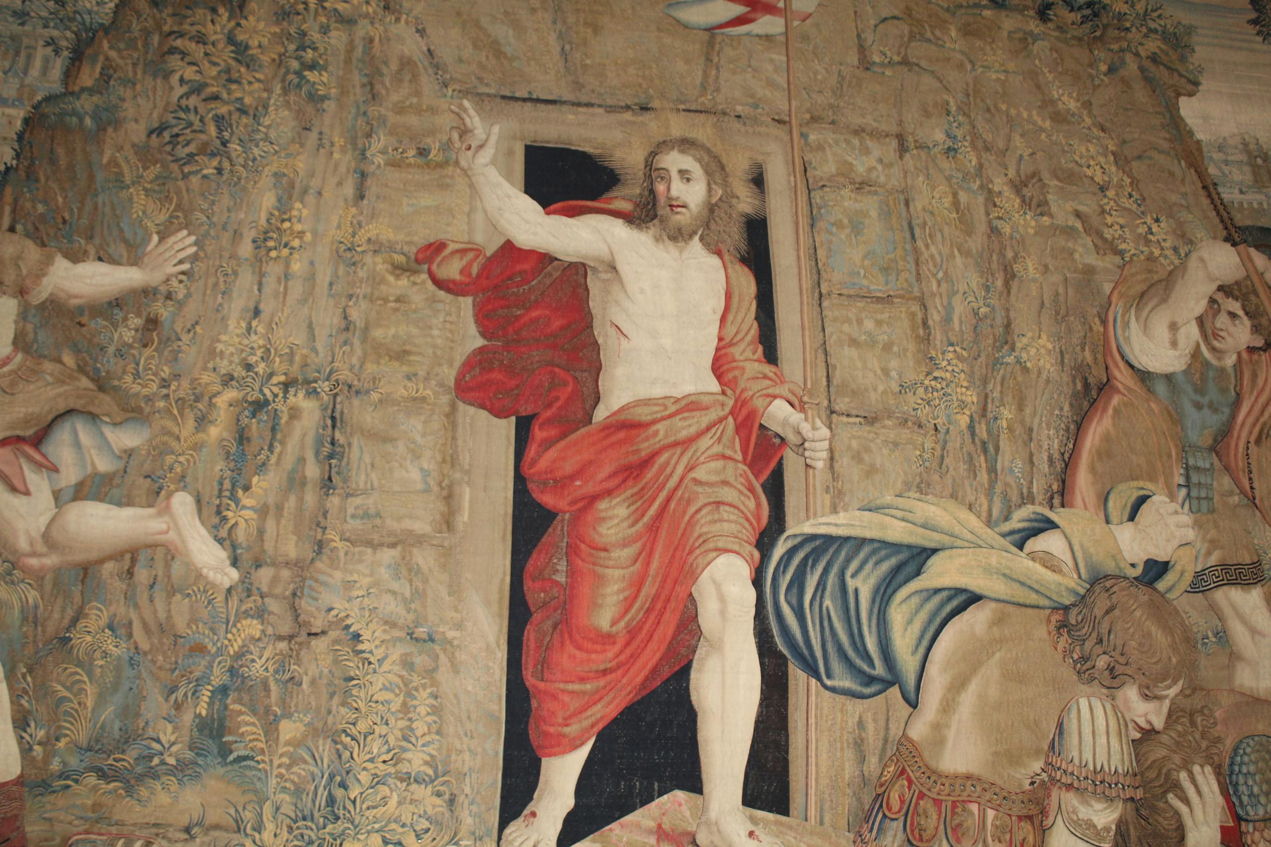 Detailed tapestry illustrating the resurrection of Jesus, blending art with religious history.
